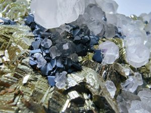 Close-up of metallic minerals and crystals