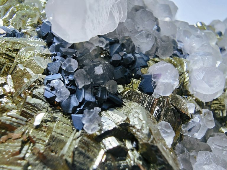 Close-up of metallic minerals and crystals